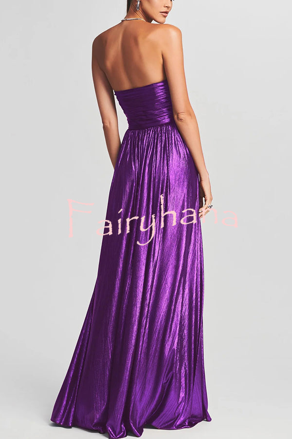 Goddess Temperament Metallic Pleated Fabric Off Shoulder Slit Maxi Dress