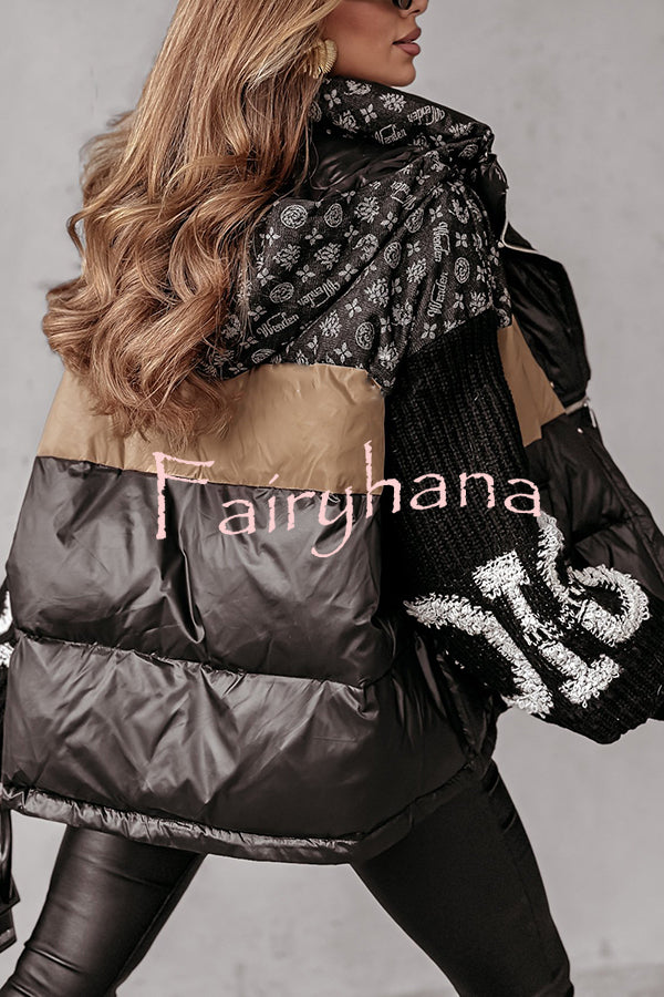 Stylish Denim Knit Long-sleeved Patchwork Hooded Pocket Thickened Jacket