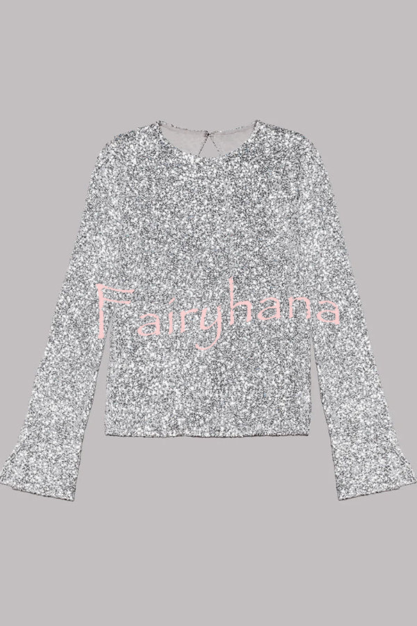 Exclusive Party Sequin Extra Long Slit Sleeves Open Back Top