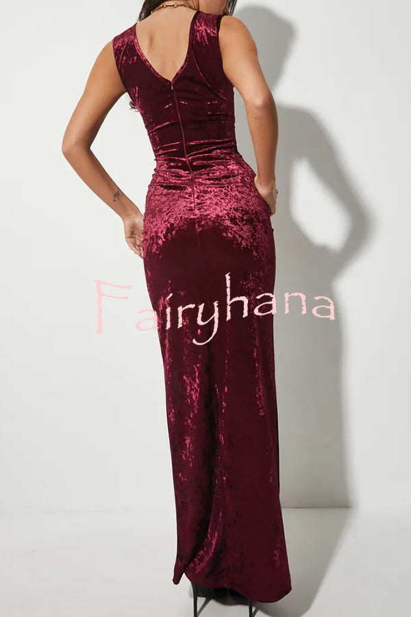 Solid Color Velvet Round Neck Sleeveless Slim Slit Maxi Dress