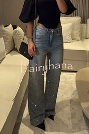 Fashion Star Rhinestone High Rise Casual Pocket Straight Loose Jeans
