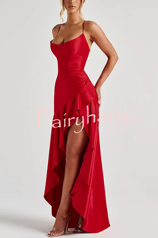 Samira Satin Back Lace-up Ruffles High Low Slit Maxi Dress