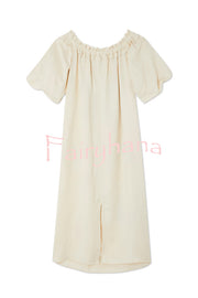 Sunveil Linen Blend Unique Print Puff Sleeve Pocket Strapless Maxi Dress