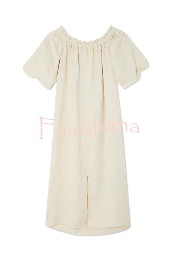 Sunveil Linen Blend Unique Print Puff Sleeve Pocket Strapless Maxi Dress