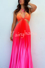 Get Ready Beautiful Gradient Print Cutout Halterneck Pleated Maxi Dress