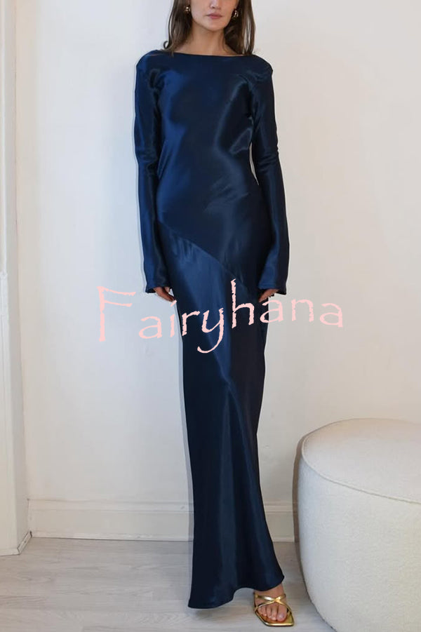 Satin Elegant Long-sleeved Open-back Slim-fit Slit Maxi Dress