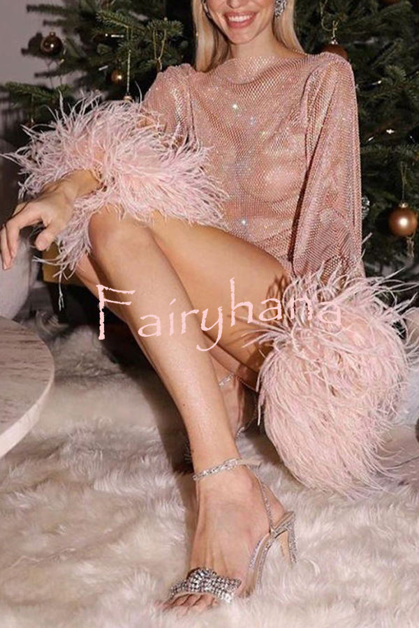 Night Surprise Rhinestone Fabric Feather Sleeve Party Mini Dress