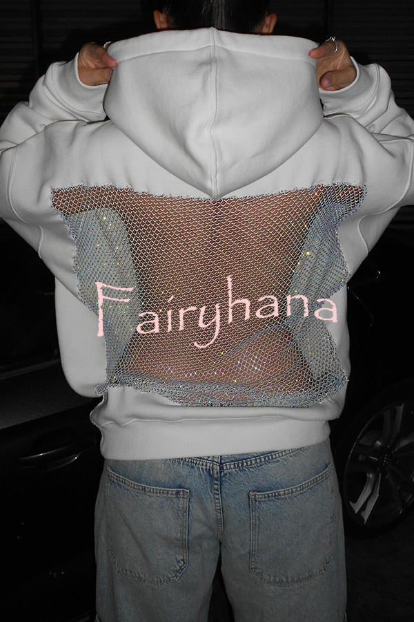 Fashionable Shiny Mesh Hollow Back Loose Long-sleeved Hooded Sweatshirt