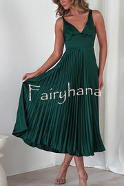 Satin Solid Color Sexy V-Neck Pleated Maxi Dress