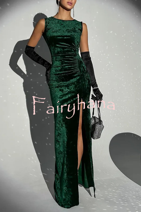 Solid Color Velvet Round Neck Sleeveless Slim Slit Maxi Dress
