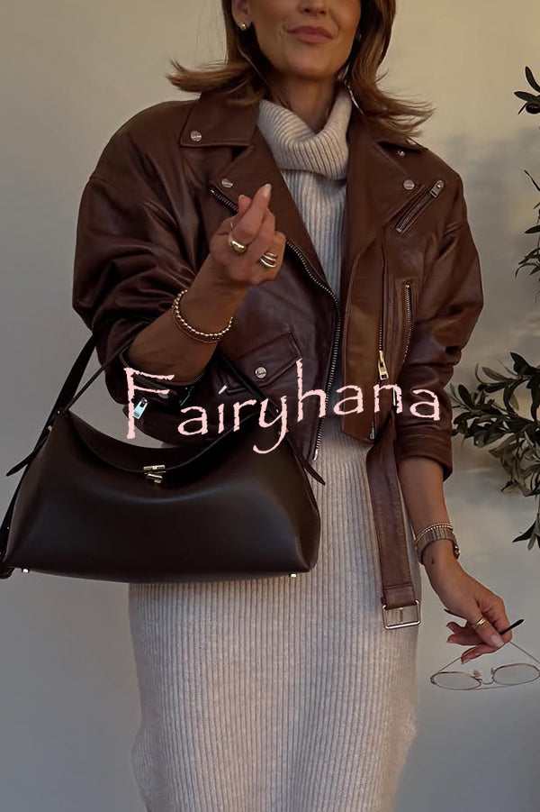 Fashion Lapel Long Sleeve Casual Zipper Pocket Leather Jacket