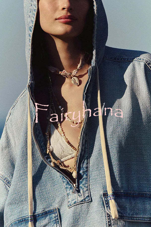 Fashion Loose Pocket Casual Denim Zipper Hoodie