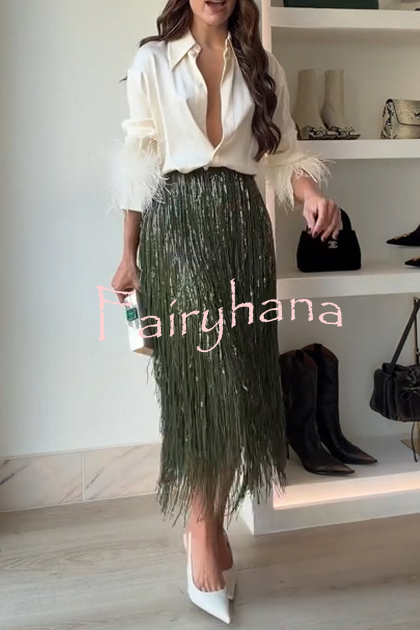 Party Crasher Layered Sequined Tassels High Rise Back Zipper Midi Skirt