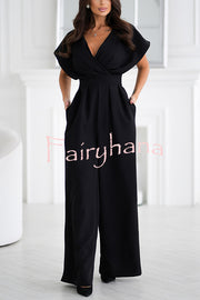 Solid Color V-neck Waist Casual Wide-leg Jumpsuit