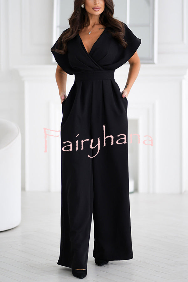 Solid Color V-neck Waist Casual Wide-leg Jumpsuit