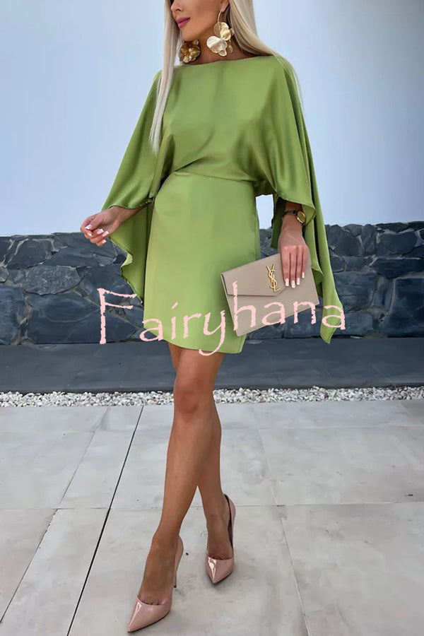 Beautiful Wings Satin Butterfly Sleeves Elastic Waist Formal Mini Dress