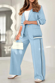 Solid Color Lapel Long Sleeve Loose Blazer and Elastic Waist Casual Pocket Wide Leg Pants Set