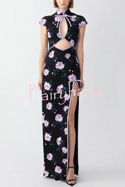 Lavender Flower Print Cutout Bow Details Thigh-high Slit Cheongsam Maxi Dress