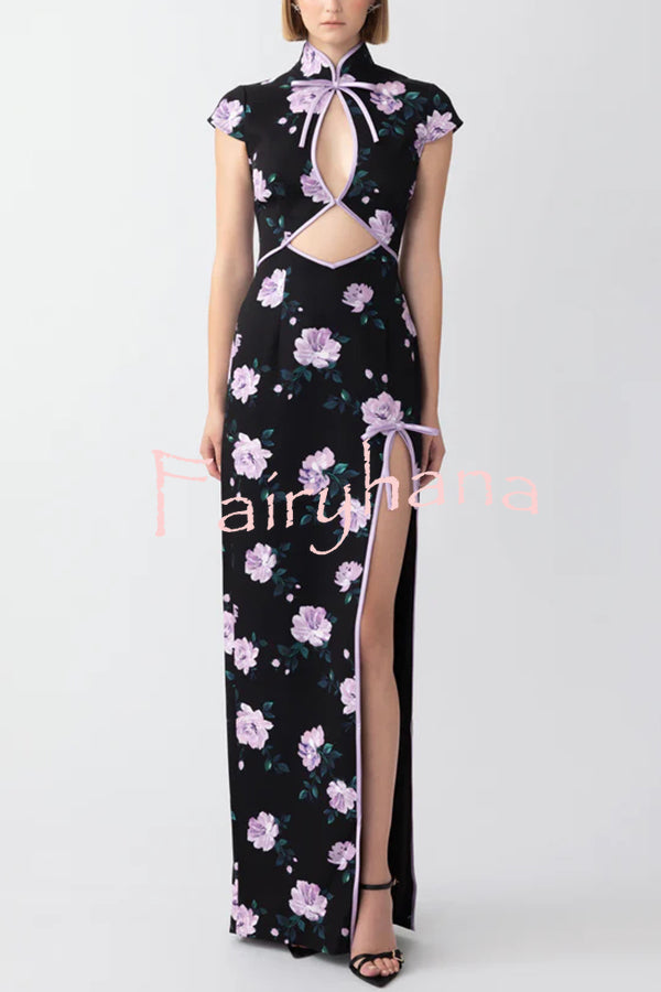 Lavender Flower Print Cutout Bow Details Thigh-high Slit Cheongsam Maxi Dress