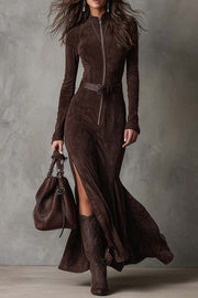 Fashion Long-sleeved Zippered Slim-fit Slit Maxi Dress