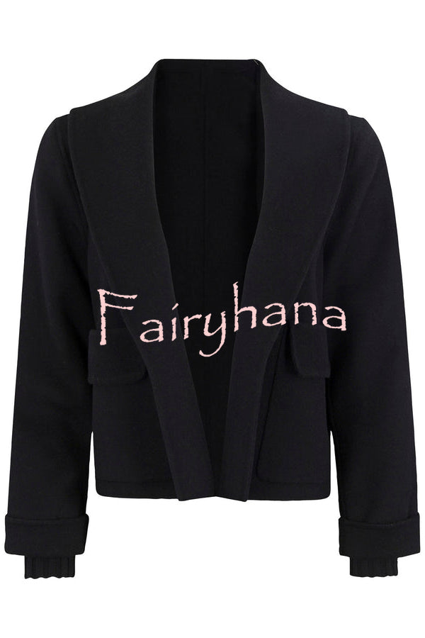 Comfortable Season Shawl Collar Open-front Long Sleeve Flap Pockets Crop Coat