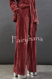 Solid Color Velvet Long-sleeved Waist Tie Top and Elastic Waist Casual Pocket Straight-leg Pants Set