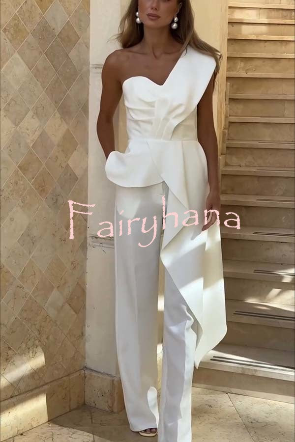 Amena One Shoulder Sweetheart Neck Ruffle Hem Top and Elastic Waist Pocket Wide Leg Pants Set