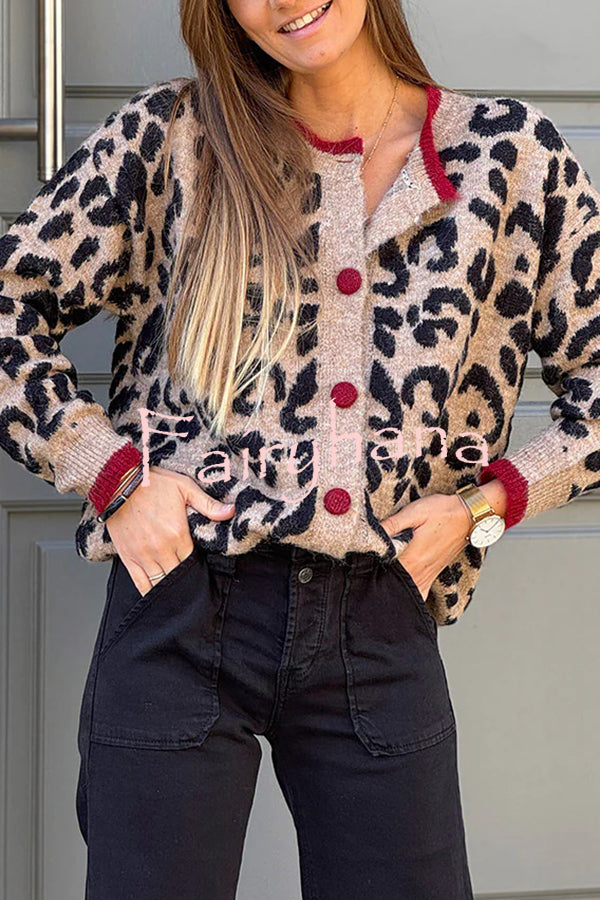 Leopard Print Crew Neck Long-sleeved Loose Knit Cardigan