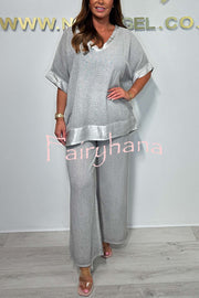 Fashionable V-neck Short-sleeved Loose Top and Elastic Waist Casual Wide-leg Pants Set