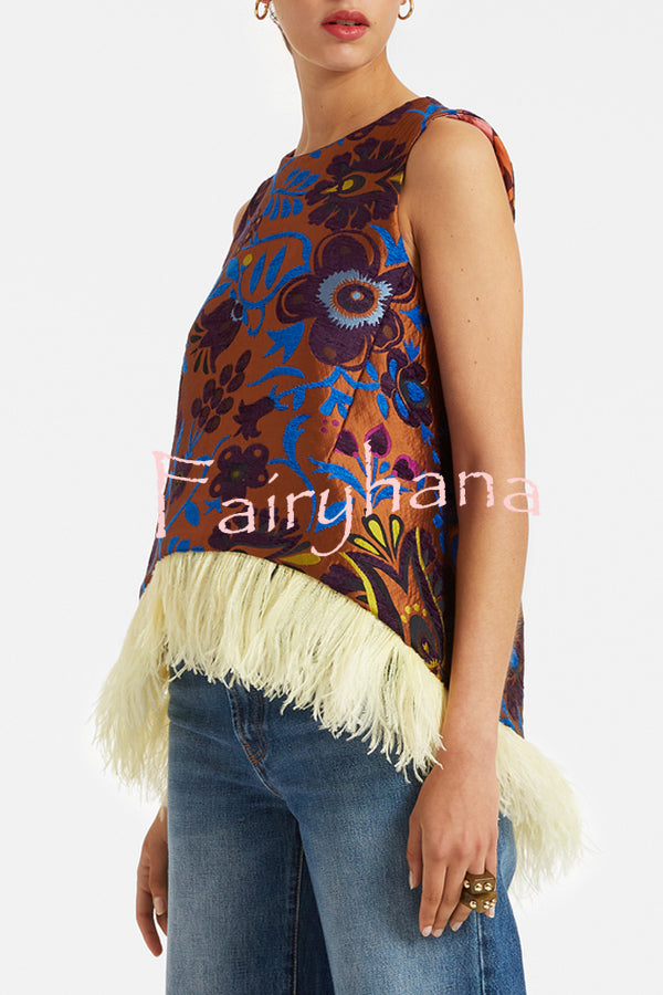 Emina Floral Feather Trim Trapezoidal Silhouette Asymmetrical Hem Top