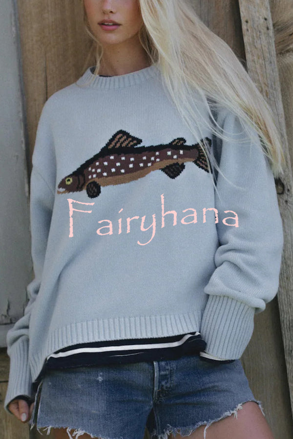 Fashionable Fish Pattern Round Neck Loose Knitted Sweater