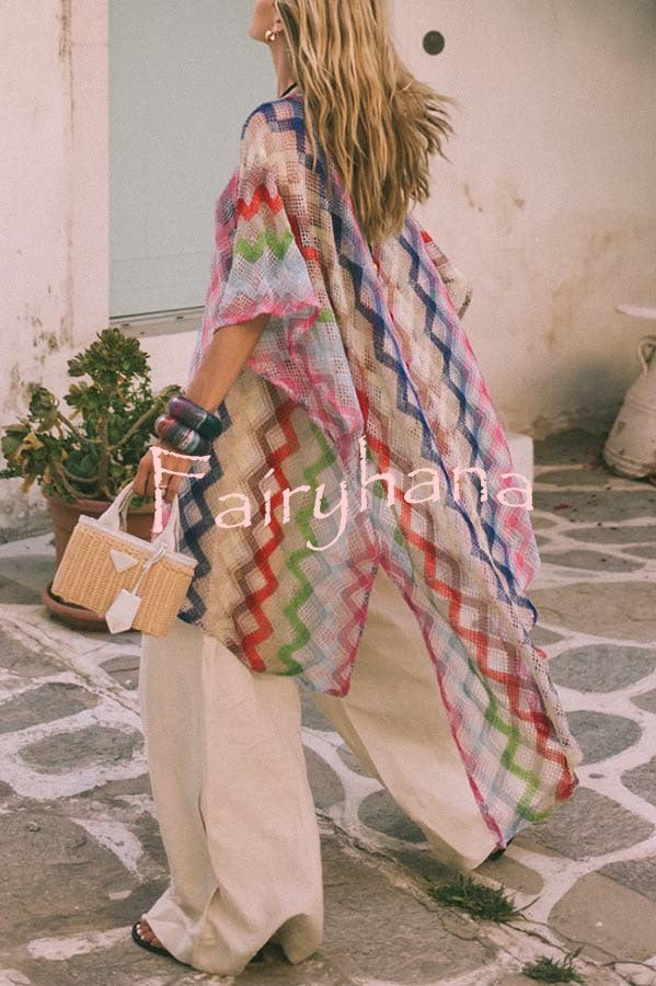 Sun Washed Knit Colorful Zigzag Pattern Asymmetric Hem Loose Cover-ups Kaftan