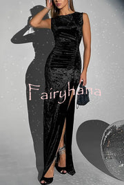 Solid Color Velvet Round Neck Sleeveless Slim Slit Maxi Dress