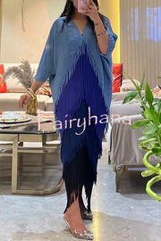 Fashionable Color-blocked Multi-layered Tassel Loose Midi Dress