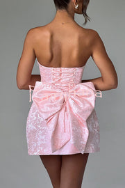Palace Style Jacquard Fabric Off Shoulder Backless Lace-up Bow Mini Dress