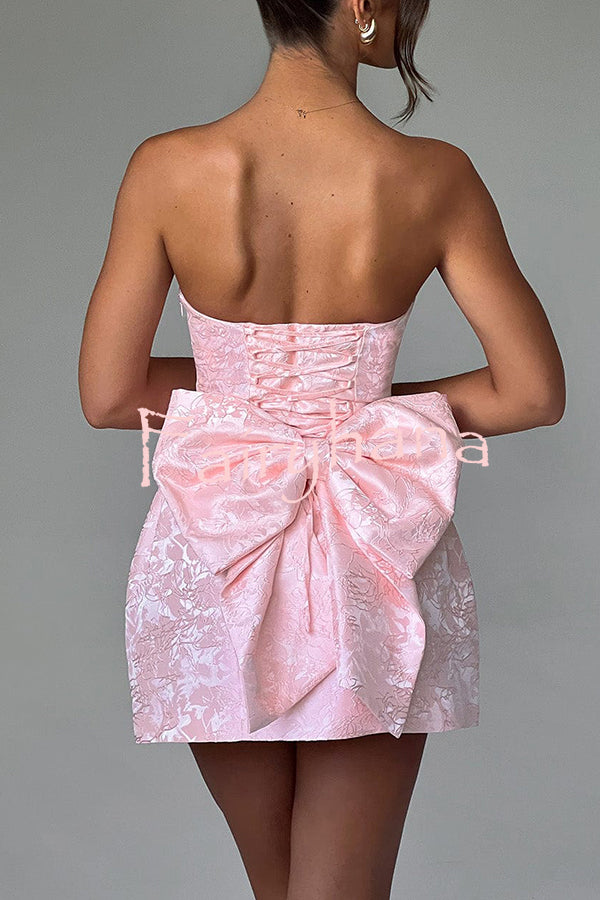 Palace Style Jacquard Fabric Off Shoulder Backless Lace-up Bow Mini Dress