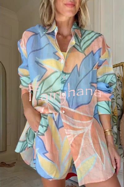 Bella Linen Blend Colorful Unique Print Long Sleeve Blouse and Elastic Waist Pocket Loose Shorts Set