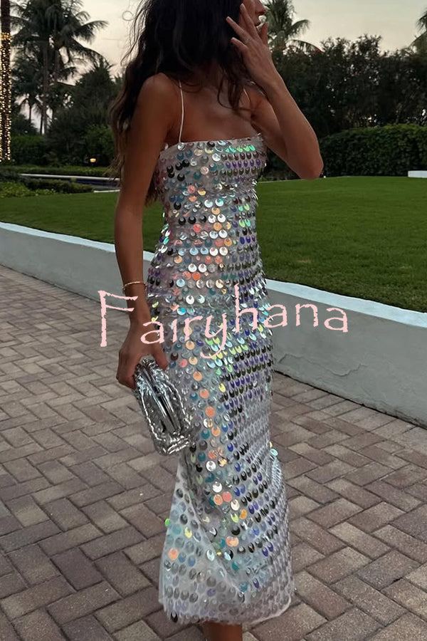 Sexy Sequined Halter-neck Backless Slim Fit Slit Midi Dress
