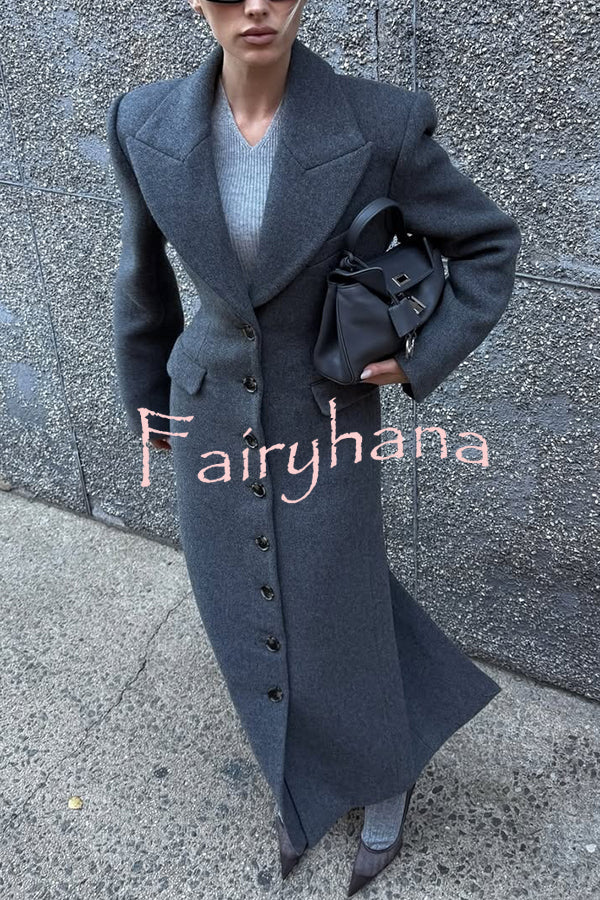 Elegant Lapel Long Sleeve Button High Waist Long Coat