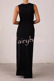 Beautiful Figure Shiny Knit Fabric Cutout Side Slit Stretch Vacation Maxi Dress
