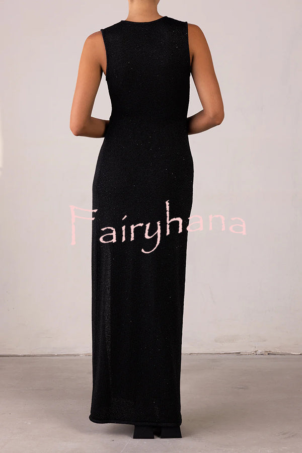 Beautiful Figure Shiny Knit Fabric Cutout Side Slit Stretch Vacation Maxi Dress