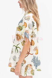 Beach Shell Print Short Sleeve Loose Shirt and Elastic Waist Tie Casual Pocket Shorts Set