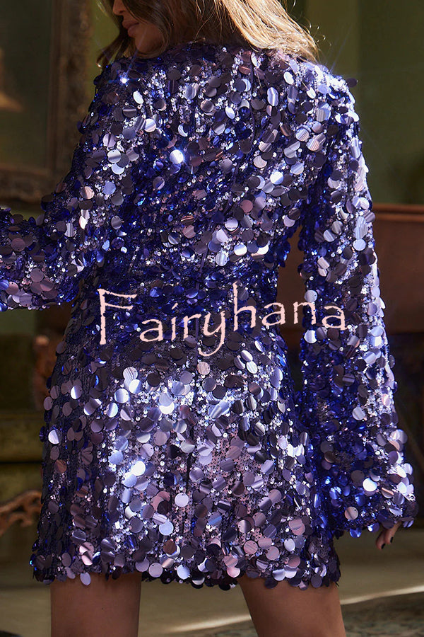 Fashionable and Dazzling Large Sequins Long Bell Sleeve H-line Mini Dress