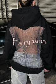 Fashionable Shiny Mesh Hollow Back Loose Long-sleeved Hooded Sweatshirt