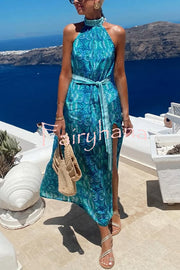 Unique Print Sexy Off-the-shoulder Waist Tie Slit Holiday Midi Dresses