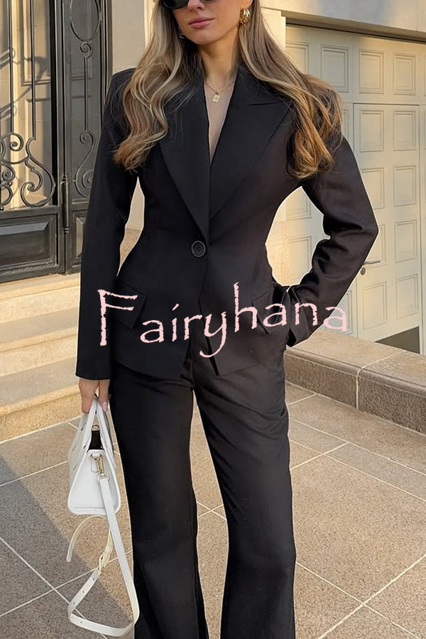 Solid Color Long-sleeved Single-button Blazer and Pocket Casual Flared Pants Set