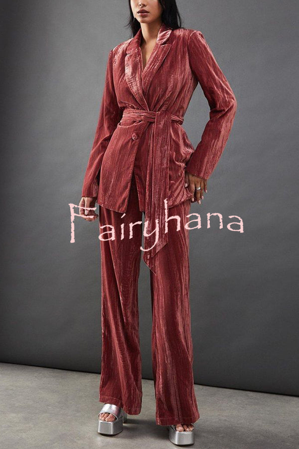 Solid Color Velvet Long-sleeved Waist Tie Top and Elastic Waist Casual Pocket Straight-leg Pants Set