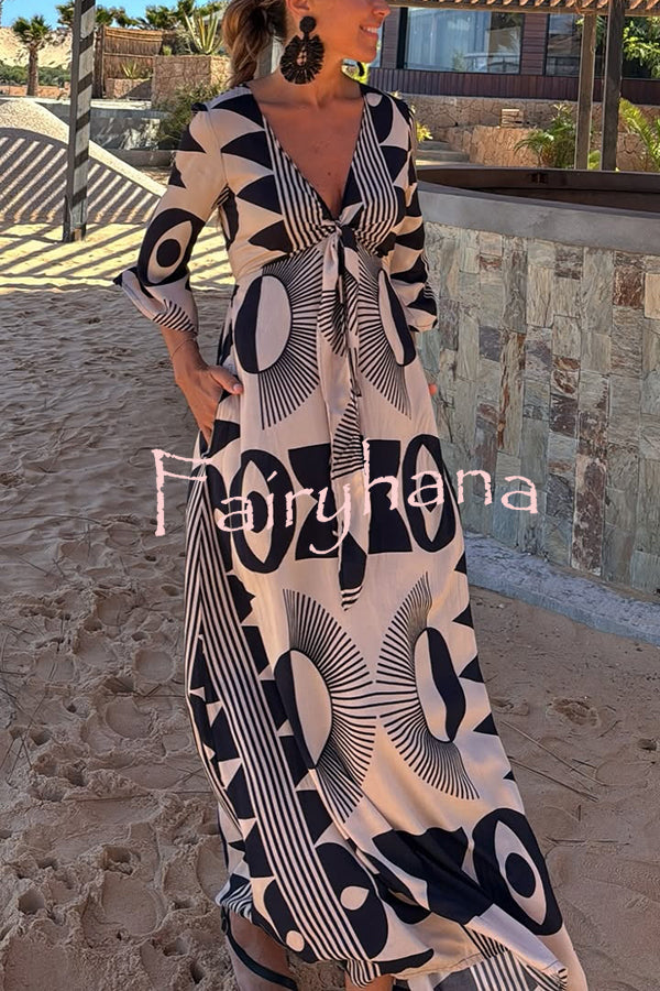 Unique Print V-Neck Tie Loose Pocket Casual Maxi Dress
