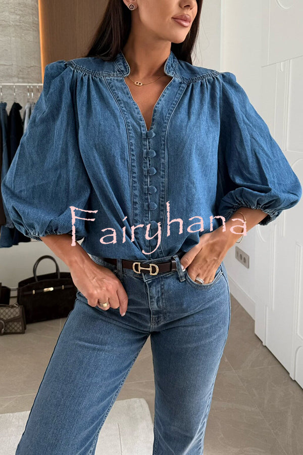 Fashion V-neck Button-down Lantern Sleeve Casual Denim Shirt