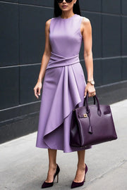 Office Chic Solid Fitted Sleeveless Crossover Draped Ruffle Midi Dress